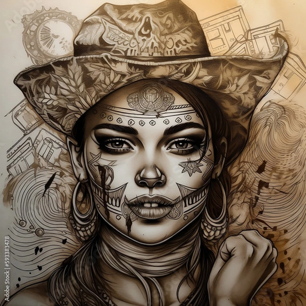 Fototapeta The girl with half of her face devilish was sketching a money-filled tattoo on a wild west background.
