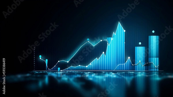 Obraz Coin background with a blue finance graph and investment bar, showcasing growth and success in the market with technology and currency reports. Generative ai.