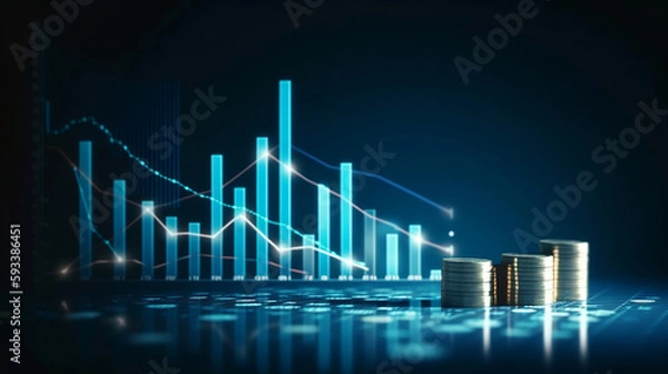 Fototapeta Coin background with a blue finance graph and investment bar, showcasing growth and success in the market with technology and currency reports. Generative ai.