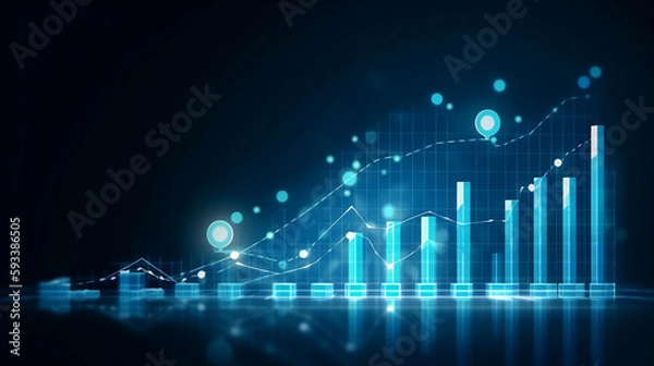 Fototapeta A 3D coin background with a blue finance graph and investment bar, showcasing growth and success in the market with technology and currency reports. Generative ai.
