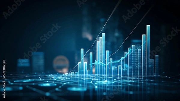 Fototapeta A 3D coin background with a blue finance graph and investment bar, showcasing growth and success in the market with technology and currency reports. Generative ai.