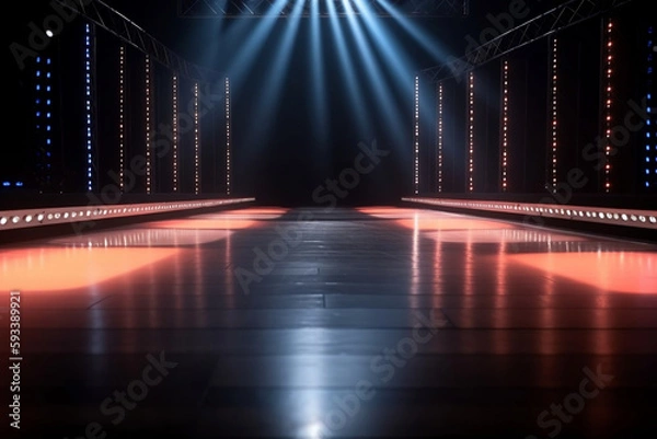 Fototapeta A colorful background sets the stage for an empty runway illuminated by spotlights, waiting for the start of a fashion show. Generative ai.