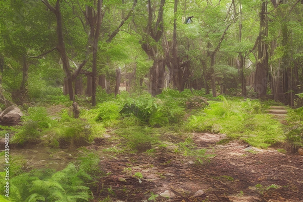 Obraz landscape forest, jungle, woods, green nature, trees, abstract Generative AI