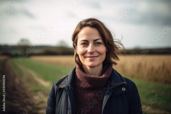 Obraz Portrait photography of a grinning woman in her 30s wearing a chic cardigan against a countryside or rural landscape background. Generative AI