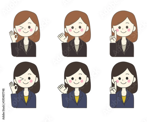 Fototapeta スーツを着たいろいろなポーズの女性のイラストセット