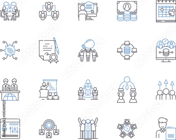 Fototapeta Meeting and collaboration outline icons collection. Coordinating, Collaborating, Connecting, Convening, Discussing, Networking, Assembling vector and illustration concept set. Communicating, Combining