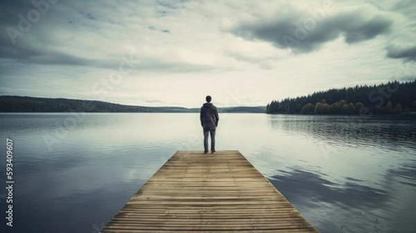 Fototapeta Lake view, man looking to a lake on a pier, generative ai