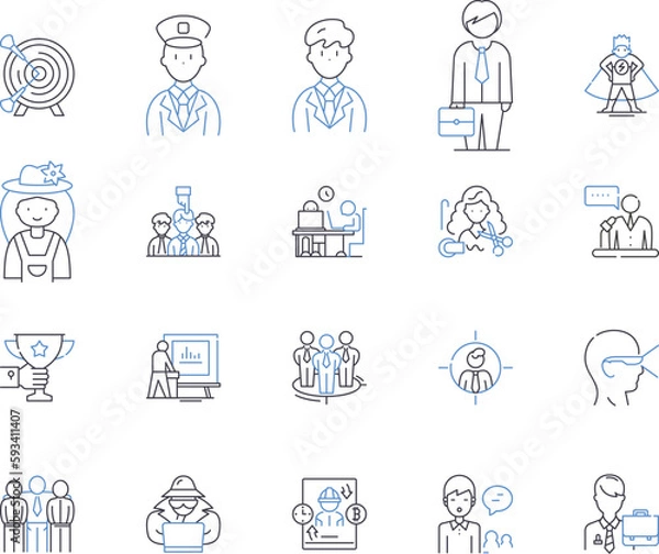Fototapeta Job and management outline icons collection. Job, Management, Recruitment, Employment, Leadership, Opportunity, Hiring vector and illustration concept set. Position, Promotion, Termination linear