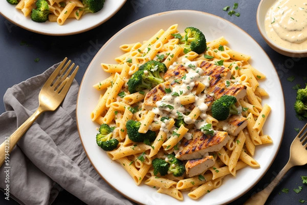 Fototapeta dish of pasta with creamy cheese sauce, served with crunchy broccoli and grilled chicken pieces. Generative AI