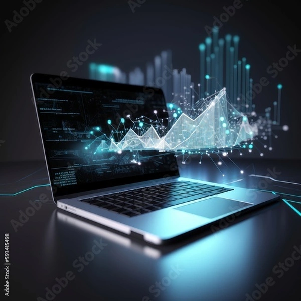 Obraz A futuristic laptop over a desk, analytical data