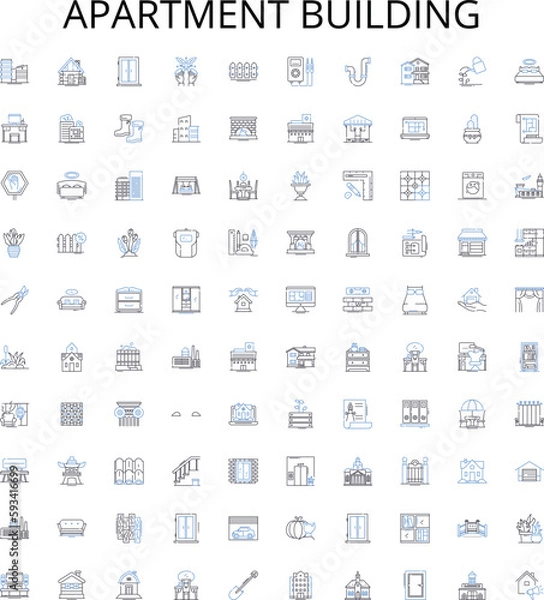 Fototapeta Apartment building outline icons collection. Apartment, Building, Block, Complex, Structure, Dwelling, High-rise vector illustration set. Multifamily, Residence, Tower linear signs