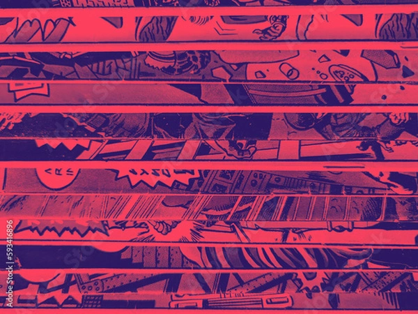 Fototapeta Vintage comic book collection stacked in a pile creates background pattern with red and blue duotone color effect