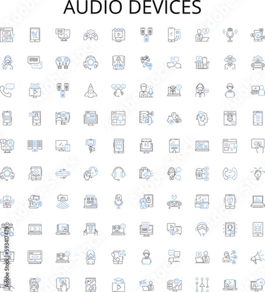 Fototapeta Audio devices outline icons collection. Speakers, Microphones, Amplifiers, Turntables, Headphones, Subwoofers, Recorders vector illustration set. Mixers, Dock, Players linear signs