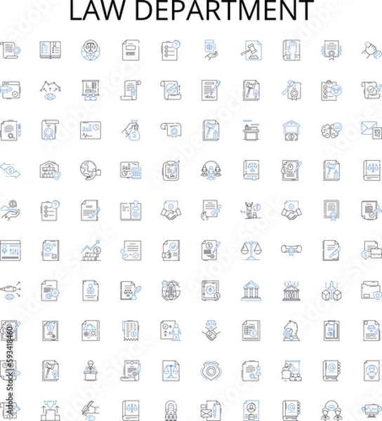 Fototapeta Law department outline icons collection. Law, Department, Judiciary, Regulation, Legislation, Litigation, Criminal vector illustration set. Contract, Enforcement, Constitutional linear signs