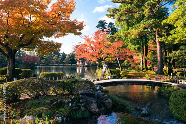 Fototapeta 紅葉の兼六園の虹橋と徽軫灯籠