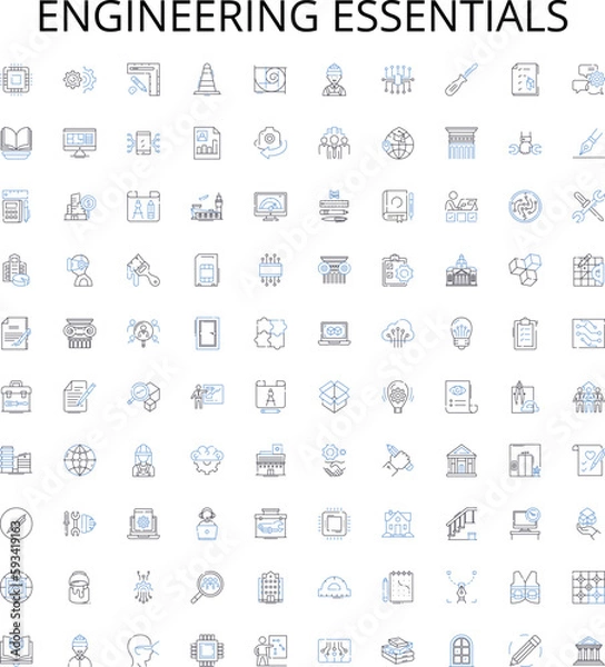 Fototapeta Engineering essentials outline icons collection. Engineering, Essentials, Design, Manufacturing, Engineering-Sciences, Structural, Automation vector illustration set. Components, Systems, Integration