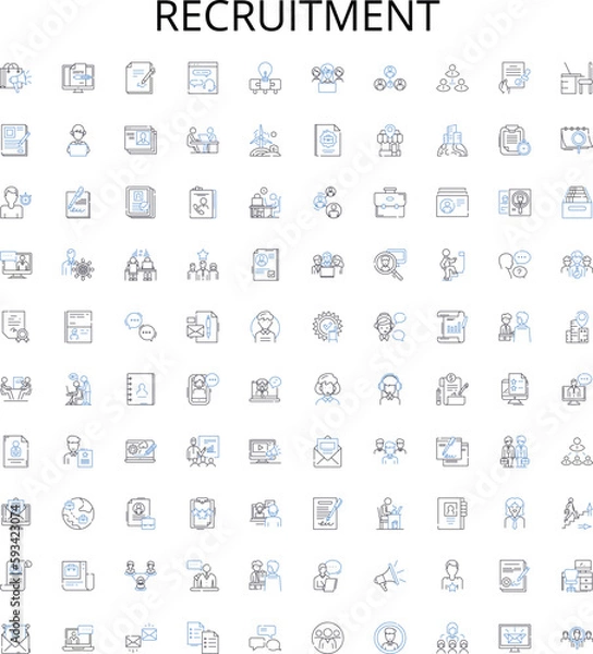 Fototapeta Recruitment outline icons collection. Hiring, Interviews, Staffing, Job-seeking, CVs, Candidates, Skills vector illustration set. Resumes, Networking, Outreach linear signs