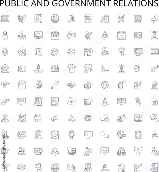 Fototapeta Public and government relations outline icons collection. Public, Government, Relations, & Political, Affairs, Engagement, Advocacy vector illustration set. Publicity, Reputation, Communication linear