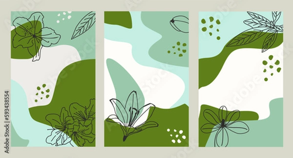 Fototapeta Set of colorful Abstract summer backgrounds with leaves and flowers in doodle style. Vector image in vertical view. Postcard or invitation in a summer style.