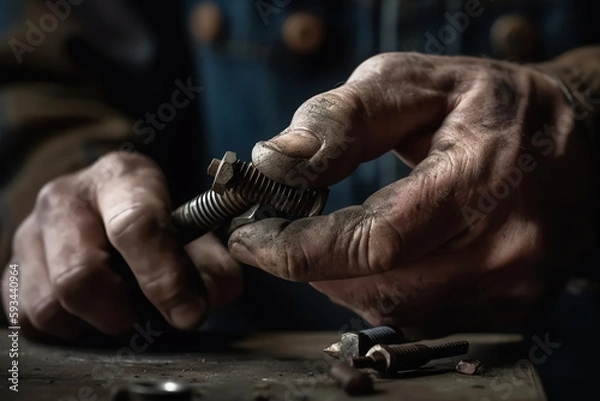 Fototapeta a worker's hand tightening bolts with a wrench. generative AI