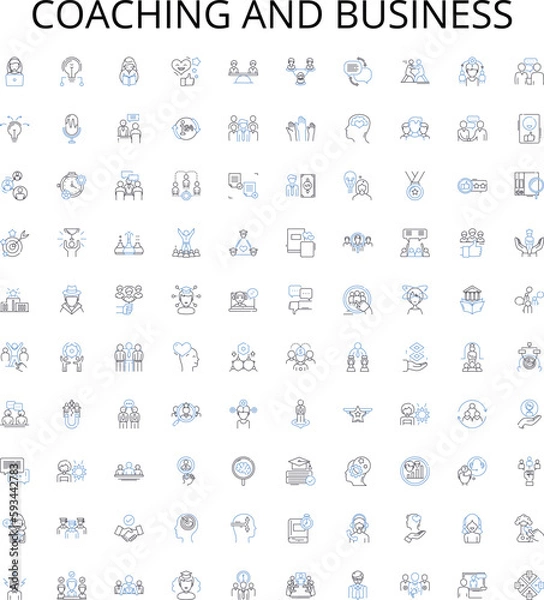 Fototapeta Coaching and business outline icons collection. Coaching, Business, Consulting, Training, Mentorship, Leadership, Strategy vector illustration set. Management, Teach, Facilitate linear signs