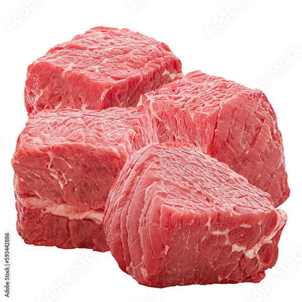 Fototapeta Cubes of raw beef meat isolated on transparent background
