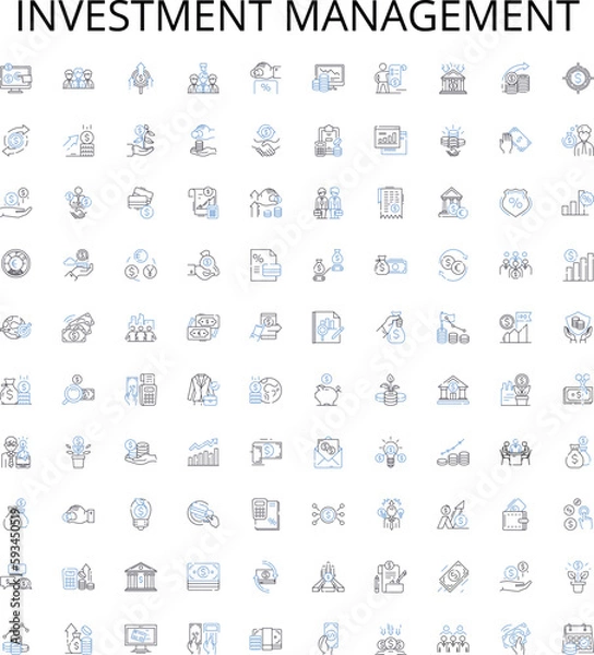 Fototapeta Investment management outline icons collection. Invest, Management, Funds, Portfolio, Equity, Return, Savings vector illustration set. Risk, Financial, Investment linear signs