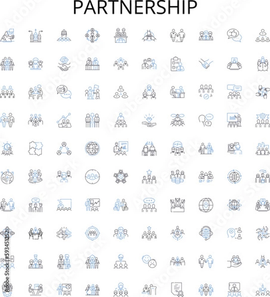 Fototapeta Partnership outline icons collection. Collaboration, Association, Union, Bond, Synergy, Agreement, Teamwork vector illustration set. Link, Syndicate, Accord linear signs