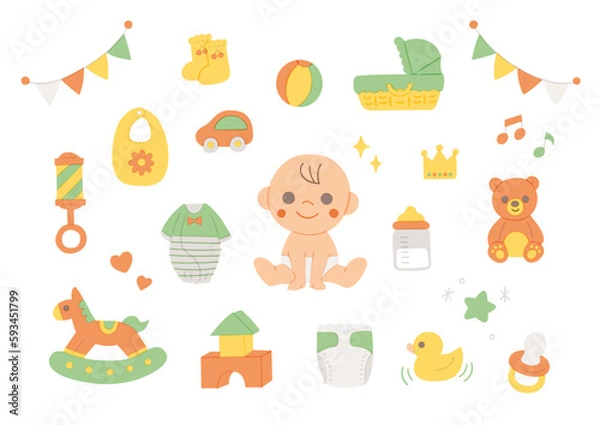 Obraz かわいい赤ちゃん・ベビーグッズの手描きベクターイラスト／パステルカラー