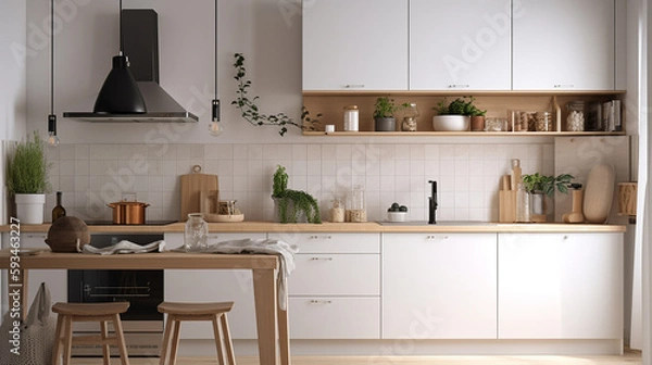 Fototapeta Simple minimalist modern kitchen cozy comfortable and elegant for house and apartment, cabinet, kitchen sink, and some kitchen appliances, dinning room, good interior.