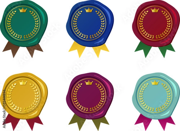 Fototapeta 月桂冠と王冠を配したカラフルなシーリングスタンプと短いリボンのパーツセット