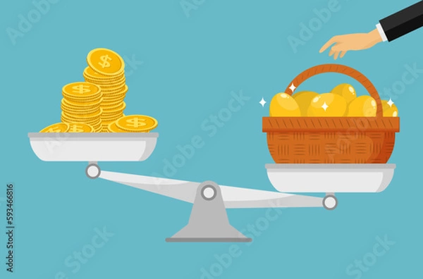 Fototapeta hand choosing a basket of golden eggs on a balance scale rather than money