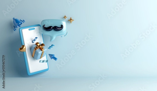 Fototapeta Happy Fathers Day decoration background, Prostate cancer awareness month with smartphone, mustache speech bubble, gift box, bell notification, heart shape, copy space text, 3D rendering illustration