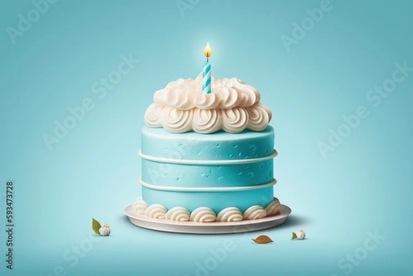 Fototapeta Birthday cake with a candle on blue background.