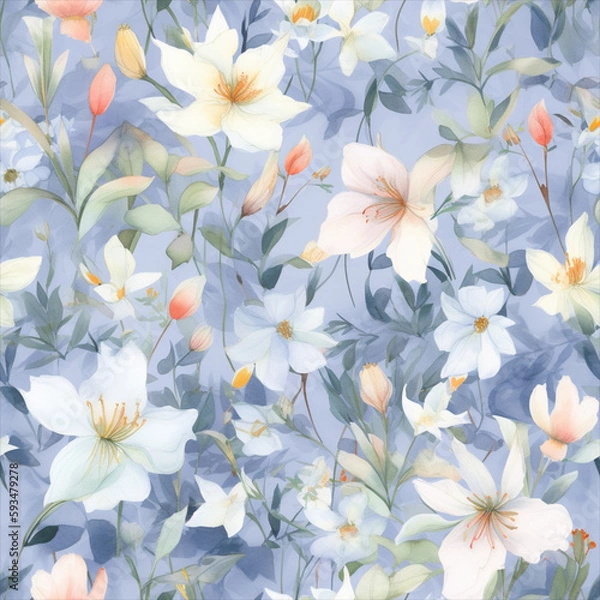 Obraz Seamless watercolor floral patterns, with flowers and foliage. Japanese abstract style. Use for wallpapers, backgrounds, packaging design, or web design.