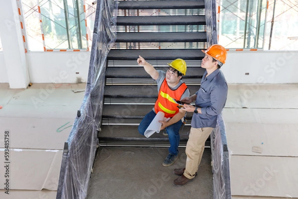 Fototapeta Construction concept of Engineer and Architect working with construction model and blueprint at construction site, Engineer and Architect discussing construction plan at building site