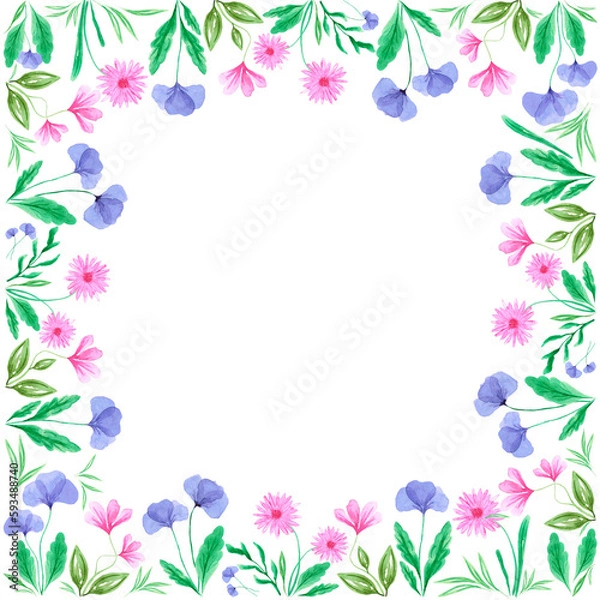 Fototapeta Abstract flowers boarder frame. Hand drawn watercolor daisy wreath on white background. Can be used for cards, label, banner.