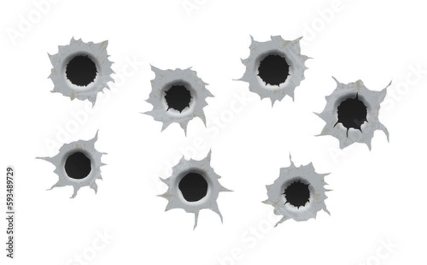 Fototapeta Set of bullet holes. Realisic metal single and double bullet hole, damage effect. Ragged hole in metal from bullets.