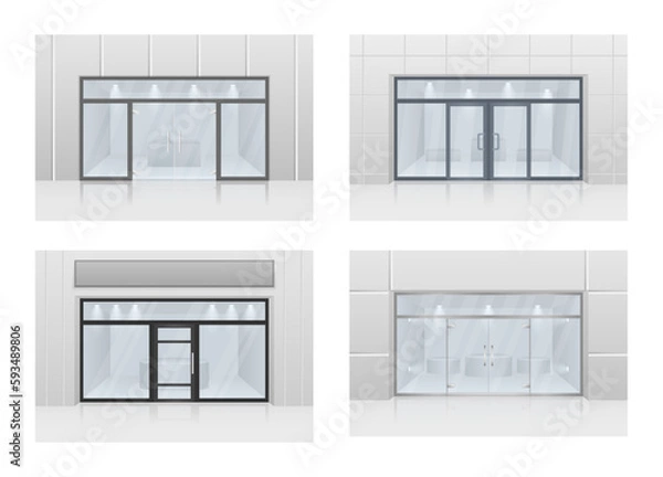 Fototapeta Set of modern entrance doors black. Store facade with storefront and exhibition lights. With tinted transparent glass.