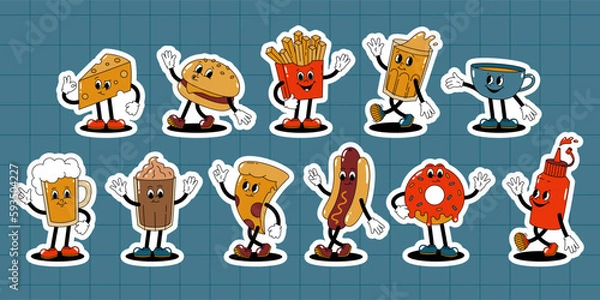 Obraz Vector set of cartoon retro mascots color illustration walking street food. Vintage style 30s, 40s, 50s old animation. Stickers with a white stroke isolated on a blue checkered background.