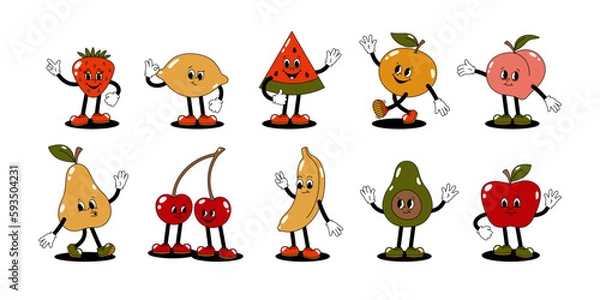 Obraz Vector set of cartoon retro mascot colored illustrations of walking fruits and berries. Vintage style 30s, 40s, 50s old animation. The clipart is isolated on a white background.
