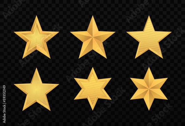Fototapeta Set of realistic golden 3D star. Glossy Christmas yellow 3D star trophy icon. Leadership symbol. Design elements for holidays. Shiny yellow metal badge or medal template. Vector illustration, eps 10.