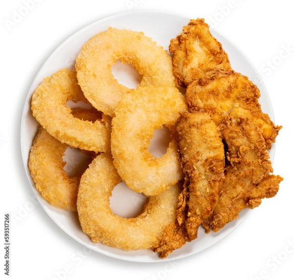 Fototapeta Fried shrimp donut and Crispy Fried Chicken Breast Cutlets in white plate isolated on white background, Fried Chicken and shrimp donut on white With clipping path.