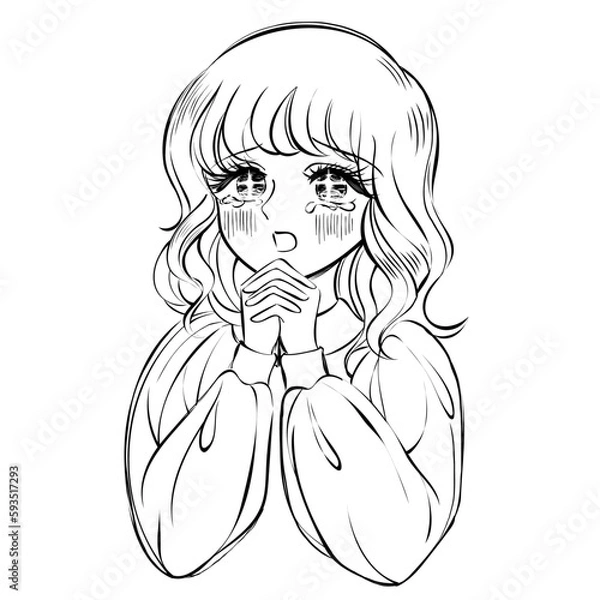 Obraz 手描き風少女漫画ベクター線画イラスト・お願いポーズ