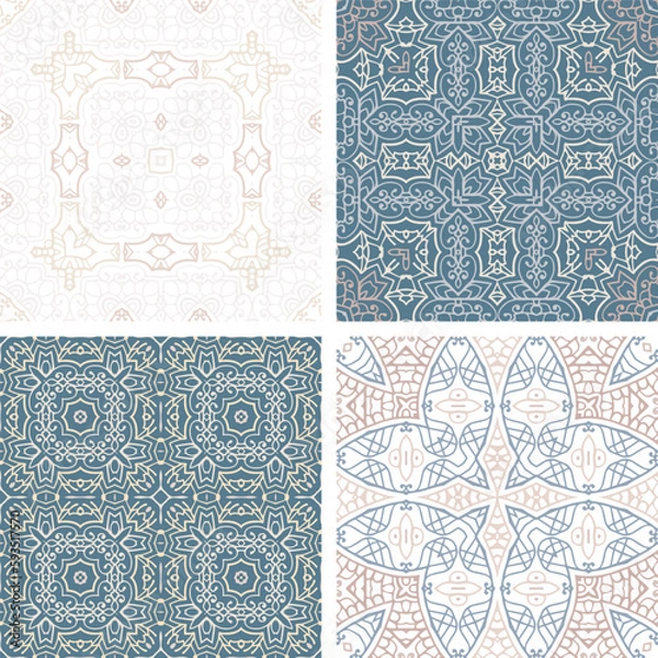 Fototapeta Set of pastel colored seamless tiles, vector ornamental patterns, elegant decorative backgrounds for fabrics, clothing, decoration, home decor, cards and templates, wrapping paper, kids prints.