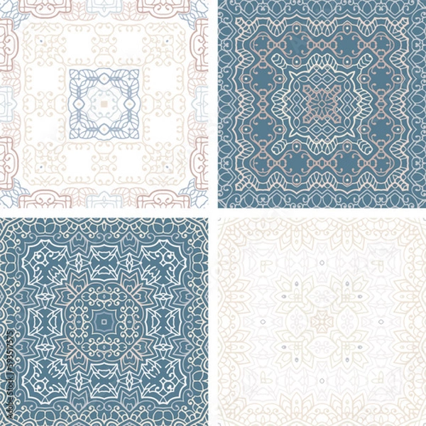 Fototapeta Set of pastel colored seamless tiles, vector ornamental patterns, elegant decorative backgrounds for fabrics, clothing, decoration, home decor, cards and templates, wrapping paper, kids prints.