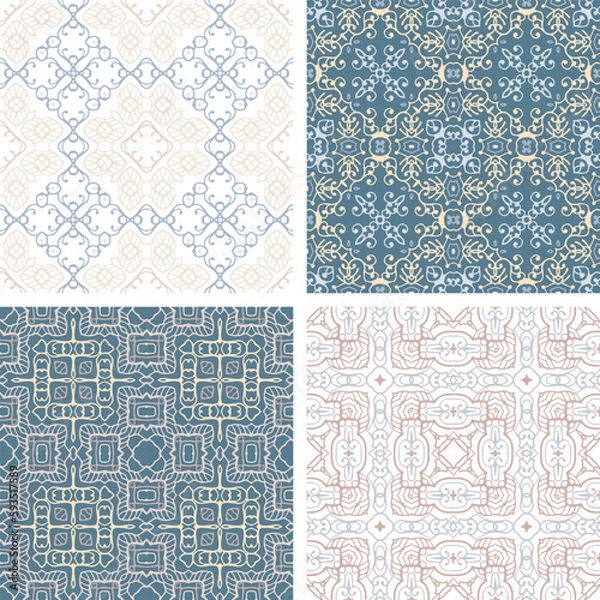 Fototapeta Set of pastel colored seamless tiles, vector ornamental patterns, elegant decorative backgrounds for fabrics, clothing, decoration, home decor, cards and templates, wrapping paper, kids prints.