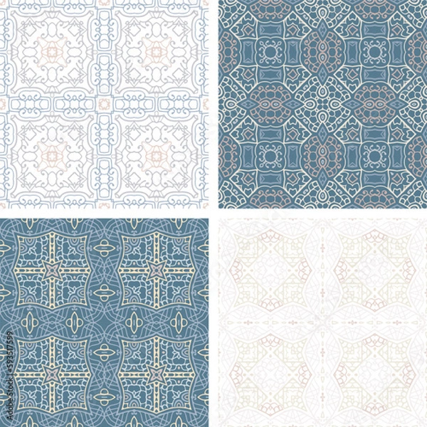 Fototapeta Set of pastel colored seamless tiles, vector ornamental patterns, elegant decorative backgrounds for fabrics, clothing, decoration, home decor, cards and templates, wrapping paper, kids prints.
