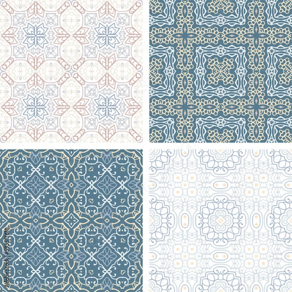 Fototapeta Set of pastel colored seamless tiles, vector ornamental patterns, elegant decorative backgrounds for fabrics, clothing, decoration, home decor, cards and templates, wrapping paper, kids prints.