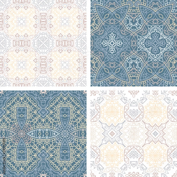 Fototapeta Set of pastel colored seamless tiles, vector ornamental patterns, elegant decorative backgrounds for fabrics, clothing, decoration, home decor, cards and templates, wrapping paper, kids prints.